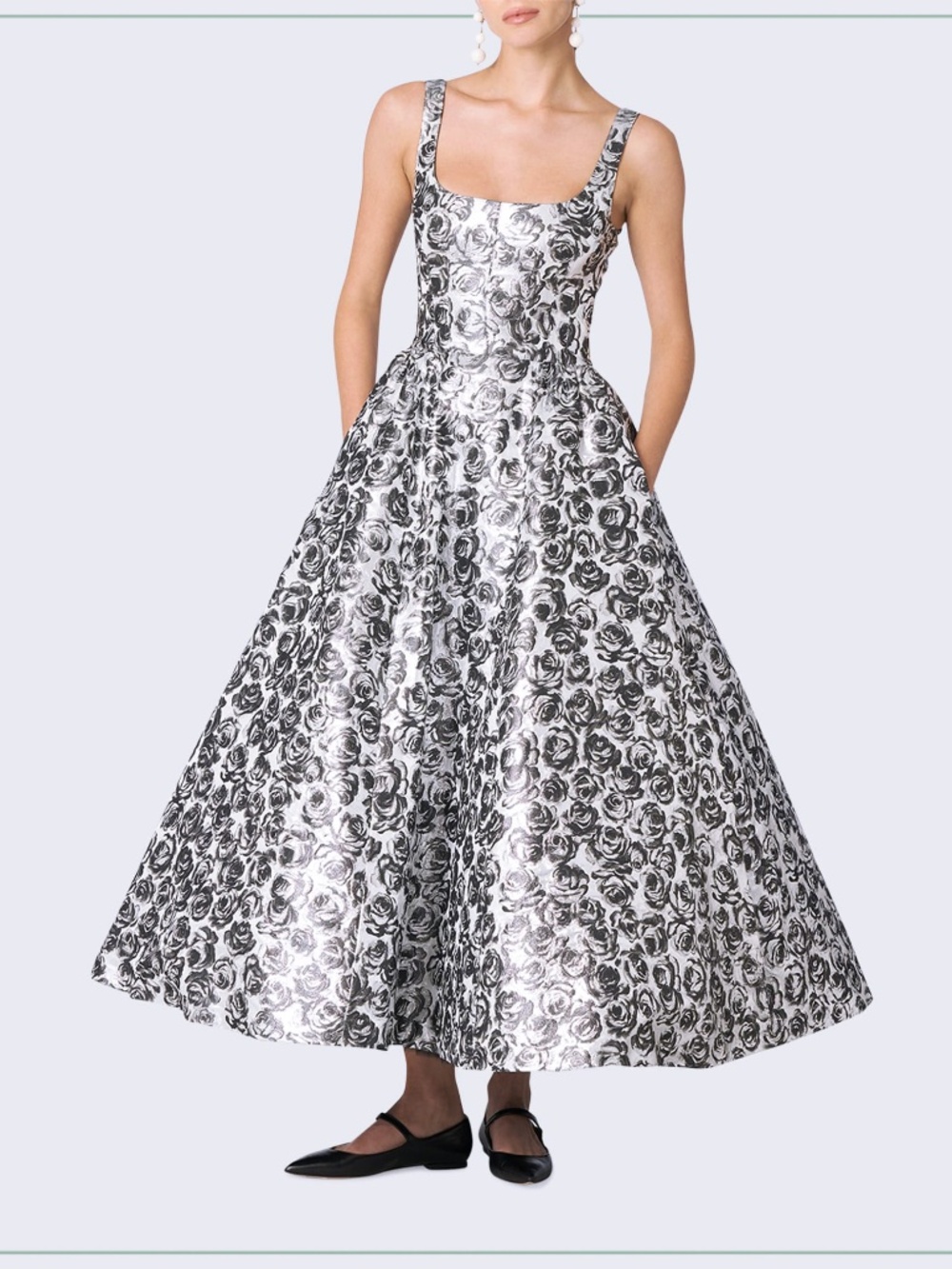 $5490 Carolina Herrera Metallic Silver Rose Motif Silk Crinoline Runway Dress - Picture 9 of 16